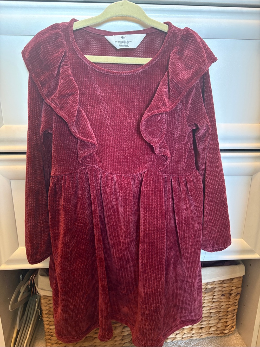 H&M Girls' Wine Red Velvet Ruffle Dress